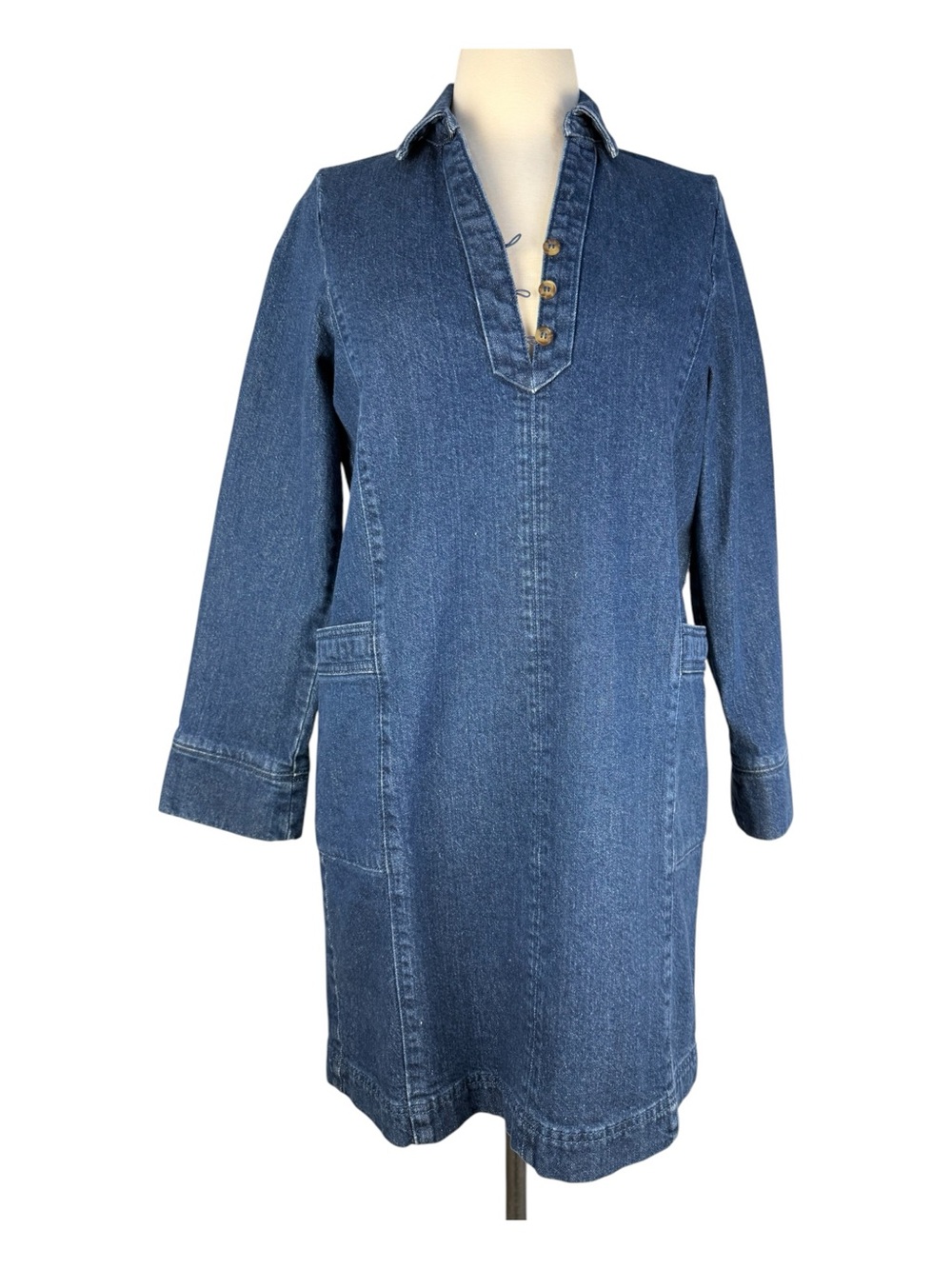 LOFT Petite PXS Blue Denim Collared Long Sleeve Shift Dress Fall Autumn